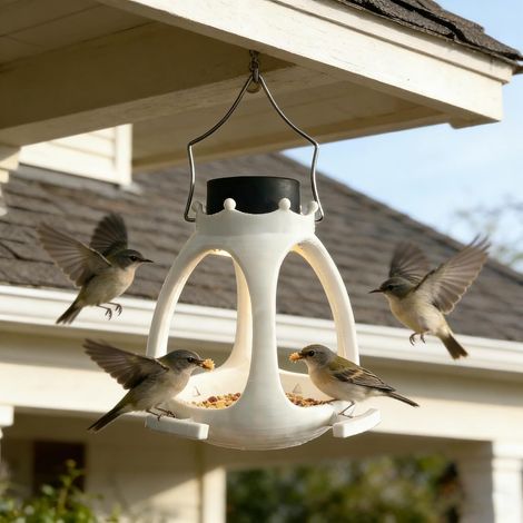 Mangeoire à oiseaux solaire, mangeoire suspendue en plastique avec lumière LED automatique, mangeoire extérieure étanche adaptée aux oiseaux sauvages. (1/5)