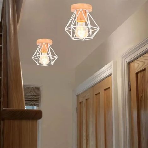 2pcs Plafonnier Industrielle en Cage Retro Blanc Lampe de Plafonde Vintage en Bois Métal Designe Simple pour Salon Chambre (1/4)