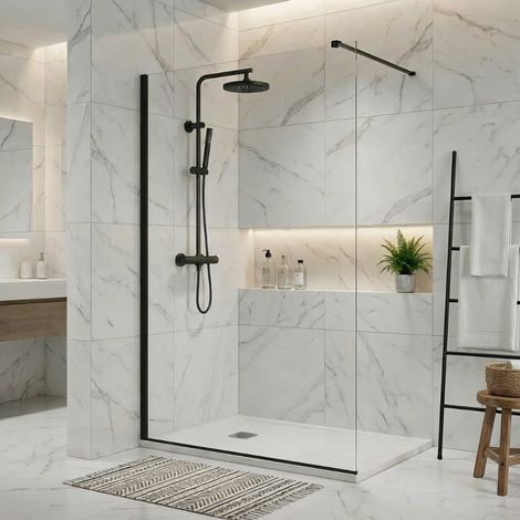 Pack douche italienne : receveur blanc 120x80 cm + colonne de douche noire + paroi fixe profilé noir