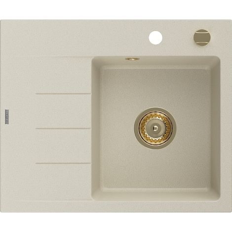 Mexen Ben Granitspüle 1-beckig mit Abtropffläche, rechts 600 x 500 mm, beige, Siphon goldfarben - 6523605000-69-G (1/5)