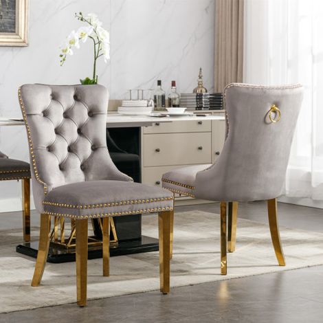 A&A Furniture, Collezione Nikki, Sedia da pranzo moderna di alta gamma in legno massello trapuntato con rivestimento in velluto, gambe in acciaio inox placcato oro, finiture con borchie, set da 2, gri