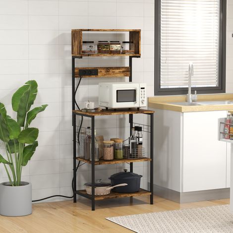 Étagère Cuisine Armoire Micro-ondes Prise Électrique Chargeurs Usb Crochets Mobilier Intérieur Marron 60x42x153cm