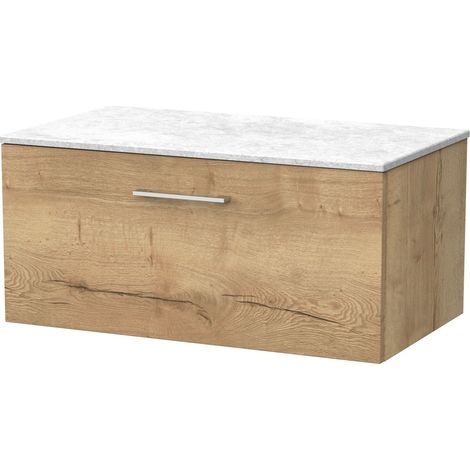 Pershall Contemporary Wall Hung 1 Drawer Vanity Unit with White Marble Top, 800mm, Autumn Oak