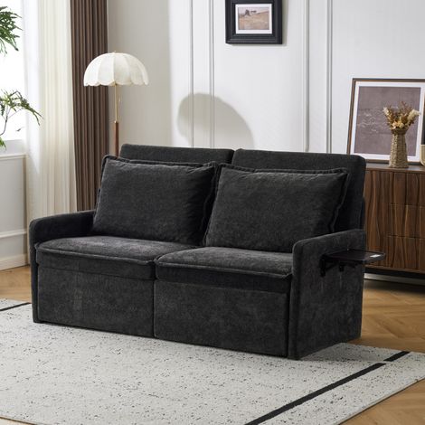 Canapé-lit convertible avec coussins et port USB, canapé 3 en 1 avec dossier inclinable en 5 positions, canapé-lit pliable avec rangement, chenille, noir (1/5)