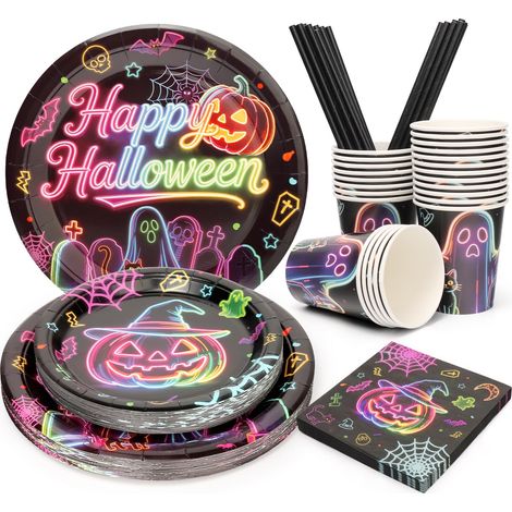 Vaisselle Halloween 125Pcs Néon Assiette Gobelet Serviette Papier (1/5)
