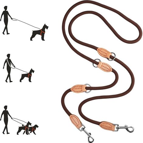 Adjustable 3-Point Dog Lead Double Nylon Brown
