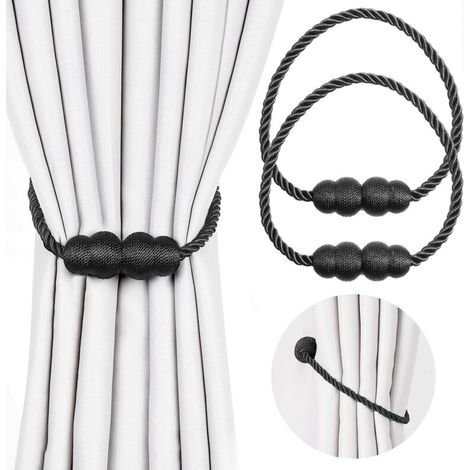 Curtain Tiebacks, 2 Pieces Magnetic Curtain Tiebacks with Magnet, Magnetic Curtain Clips, Drapery Holdbacks, Magnetic Curtain Rope Clips for Home, Bedroom, Office, Black (1/5)