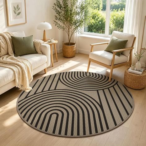Tapis rond 120 cm aspect jute antidérapant lavable pour salon, zones extérieures, noir, tapis minimaliste pour chambre à coucher, salon, chambre d'enfant, balcon et extérieur (1/5)