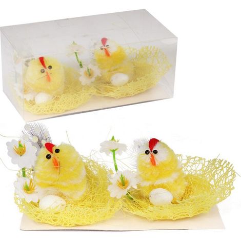 Décorations de Pâques : Poules jaunes dans leurs nids avec œufs et fleurs - 2 pièces, 6 cm (1/2)