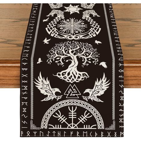 Chemin de table « Arbre de Vie Viking Noir » avec casque de corbeau et motif d'horreur, décoration de table saisonnière pour la cuisine ou les fêtes à la maison, 33 x 183 cm - FA (1/5)