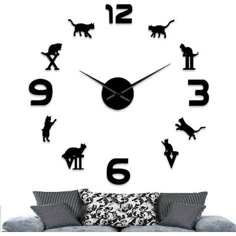 Pendule Moderne Grande, Horloge Murale DIY, Créatif 3D Miroir Autocollant, (Batterie Non Inclus) –Noir (1/4)