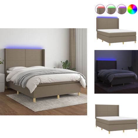 Sommier à lattes de lit matelas et LED Taupe 140x200 cm Tissu - Sommier Tapissier - Lit Avec Led - Matelas À Ressorts Ensachés - Têted Lit Ajustable - Éclairage Led (1/5)