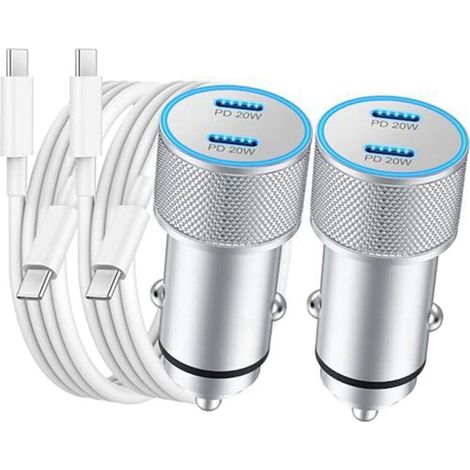 Kfz-Ladegerät, 2er-Pack 40-W-Doppelport-Schnelllade-USB-C-Kfz-Ladegerät, Zigarettenanzünderadapter mit 90 cm langem USB-C-zu-USB-C-Kabel