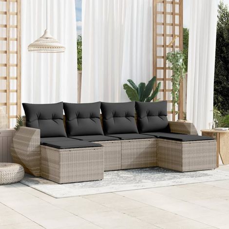 Ensemble salon de jardin 6 places résine tressée gris clair avec coussins, tabourets et rangement (1/3)