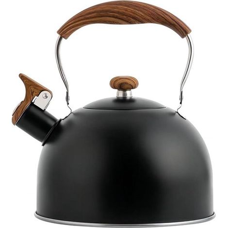 Wasserkocher Pfeifender Wasserkocher 2,5 l Griff in Holzoptik, hitzebeständig Pfeifton beim Kochen Schwarzer Signalgeber für Gas und Induktion (1/5)