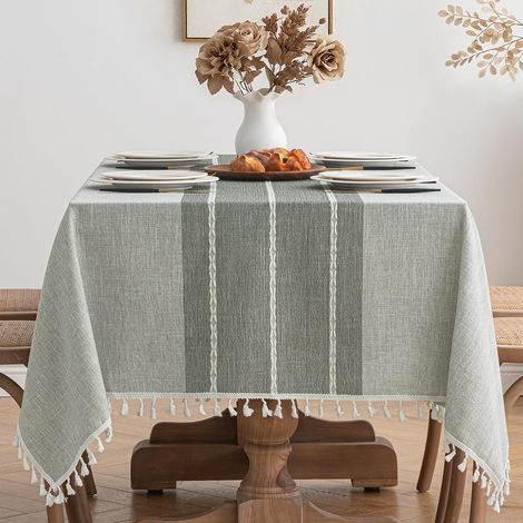 Nappe aspect lin Gris à rayures et pompons 140x200cm