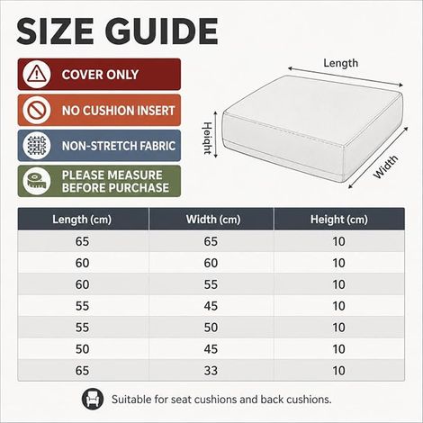Outdoor Sofa Cushion Cover Seat Cushion Covers with Zip for Garden Patio Chair 60 x 55 x 10 cm Light Grey (1/4)