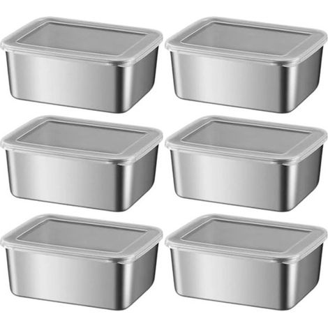 Lot de 6 boîtes de rangement carrées inox argent, couvercles hermétiques, contenants cuisine (1/5)