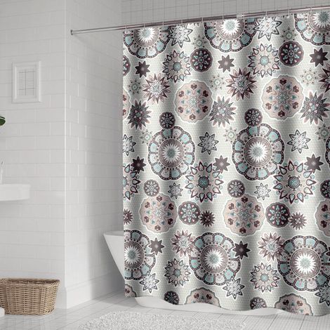 Rideau de douche 180 x 200 cm avec 12 crochets, séchage rapide (mandala), en polyester imperméable lavable en machine, pour salle de bain. (1/5)