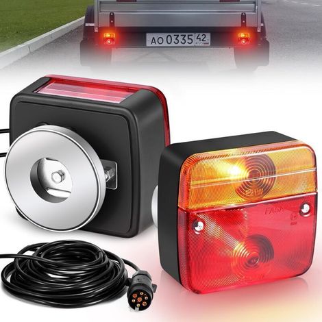Paquet de 2 (une paire)Feux Arrière de Remorque Magnétique, 12V Incandescent Feux de Remorque avec 7 Broches et 7,5m Câble, Feux Arrière Feux Stop Clignotant Feux de Plaque pour Camion Caravane (1/4)