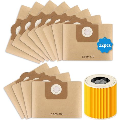 12 Stück Kärcher WD3 Beutel +1 stück filter,für Karcher 6.959-130.0,Staubsaugerbeutel Kärcher WD3,kompatibel mit WD3 1629 MV3 A2201/2204/2554/2604,und patronenfilter für kärcher 6.414-552.0 (1/5)