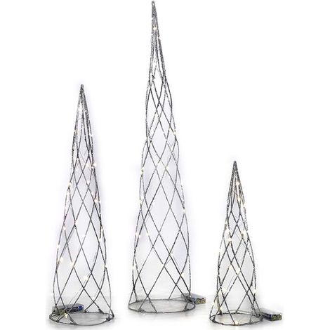 Coni silver argento con luci led bianco caldo set 3 mini alberi di natale addobbi decorazioni natalizi casa (1/2)
