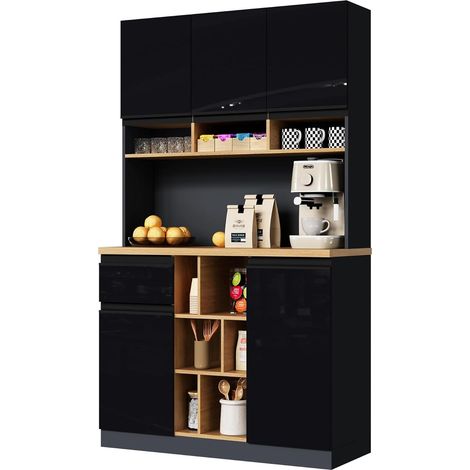 FurnitureR Black Tall Kitchen Cabinet 105x45x185cm with 5 Doors Drawer (1/5)