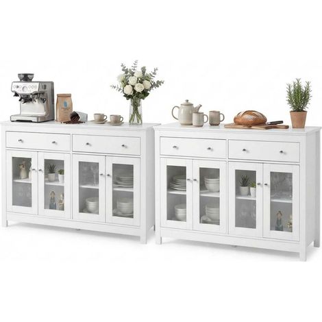 2er Set Sideboard Weiß Hochglanz 140cm mit Glastüren & Schubladen