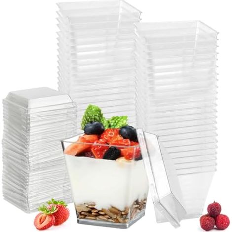 50 Pcs Coupes à Dessert avec Couvercles, Tasse à Dessert Transparent 240 ml/8 oz, Verrines Apéritif Portables, Petit Coupe Glace Réutilisable, pour Pudding Mousse Tiramisu Fête Anniversaire (1/5)