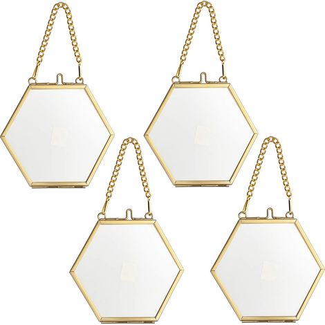 Lot de 4 mini cadres photo hexagonaux en métal et verre - À suspendre - Ornement géométrique - Plante - Pour fleurs pressées - 5 cm - Doré (1/5)