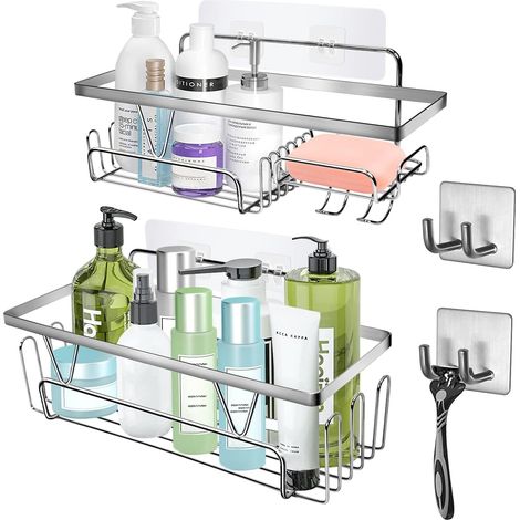 2-teiliges Badezimmerregal, kein Bohren erforderlich, selbstklebender Duschorganizer aus Edelstahl mit 12 integrierten Haken und Seifenschale, Duschablage, Halter für Shampoo und Duschgel, Wandregal (1/5)