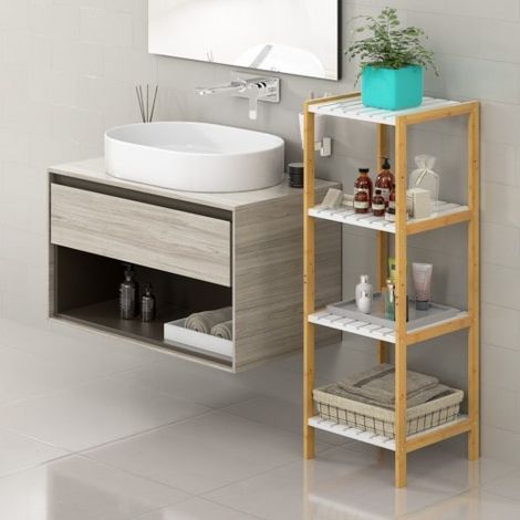 Étagère salle de bain avec 4 niveaux tablettes blanches Bambou 110 cm de haut (1/5)
