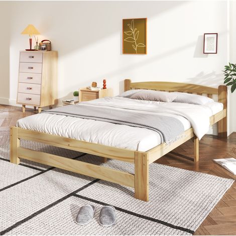 Doppelbett 140x200 cm Natur Kiefer Massivholz mit Kopfteil und Lattenrost (1/5)