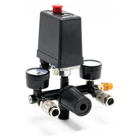 Régulateur de pression 165 x 130 x 200 mm avec pressostat pour compresseur avec 2 afficheurs, 2 raccords et soupape de sécurité, réducteur de pression (1/4)