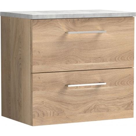 Nuie Arno Wall Hung 2-Drawer Vanity Unit with Bellato Grey Worktop 600mm Wide - Bleached Oak (1/4)