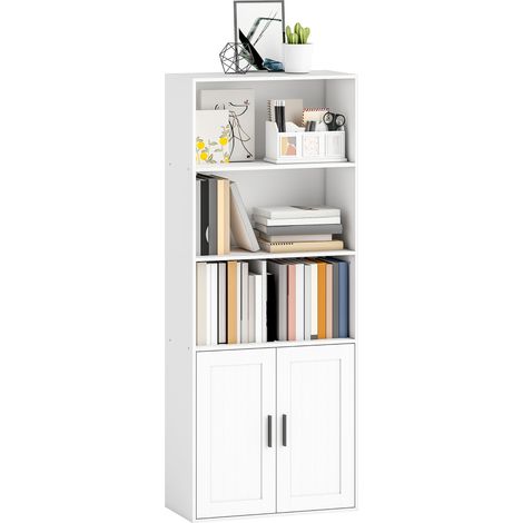Bibliothèque avec étagères ouvertes et placard 2 portes avec tablette intérieure réglable, 60x30x145.5 cm, Blanc