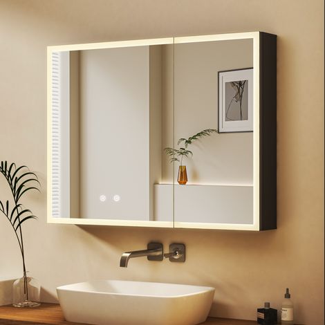 Boromal Spiegelschrank Bad mit Beleuchtung 80x60x12,5cm, Badezimmer Spiegelschrank mit LED Beleuchtung Metall Badezimmerschrank mit Dimmbar, Beschlagfrei und Verstellbare Glasablage, Schwarz (1/5)