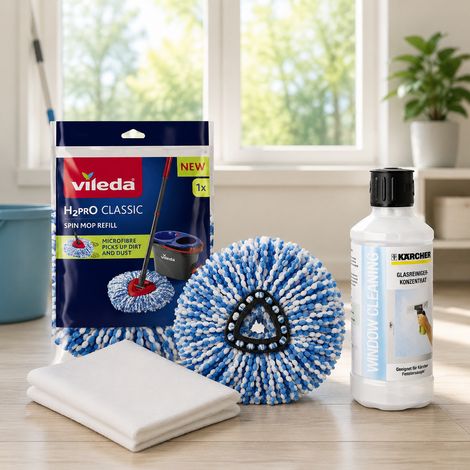 Nachfüllset für Fenster- und Bodenreinigung (3-teilig) – Fensterspray, Spin-Mop-Nachfüllpackung und Staubsaugerfilter-Set (1/5)