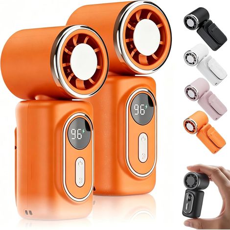 2026 2 Pack Mini Clip Fan, USB Rechargeable Portable Fan, 5 Speeds, LED Display, Long Battery Life for Travel & Bedroom(Orange)