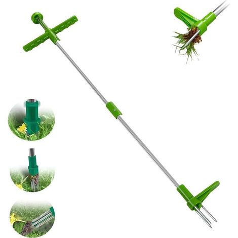 Débroussailleuse manuelle ergonomique, débroussailleuse mécanique avec 3 griffes en acier inoxydable et un manche en alliage d'aluminium de 100 cm de long, outil manuel pour le jardin et la pelouse. (1/4)