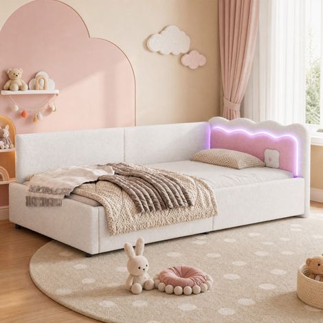 DESMIU Lit banquette 90 × 200 cm 1 place avec LED réglable, sans matelas, en velours et MDF, blanc (1/5)