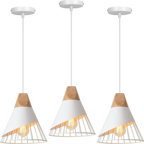 Suspension Luminaire Moderne Industrielle Bois Lustre Abat-jour Métal Vintage forme Cage Ø25cm Plafonnier E27 Design pour Cuisine Chambre Salon (Blanc-3pcs) [Classe énergétique A] (1/5)