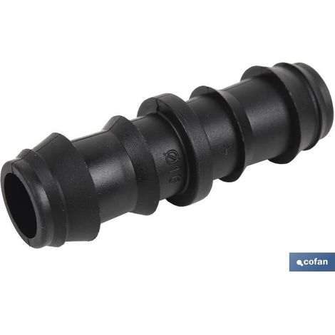 Conector recto para riego Ø16mm, fácil montaje sin herramientas, resistente y duradero.