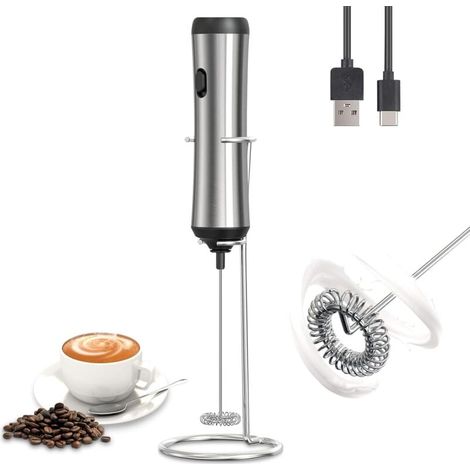 Espumador de leche eléctrico, batidora, potente batidora de 10 000 a 14 000 RPM, con soporte de acero inoxidable, batidor eléctrico, espumador de leche, para café con leche y capuchino, color plateado (1/4)