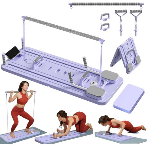 Mini-Reformer-Pilates-Set mit Pilates-Stange und Widerstandsbändern, multifunktionales Pilates-Board für Zuhause, Bauchroller, Trainingsgerät, Lila