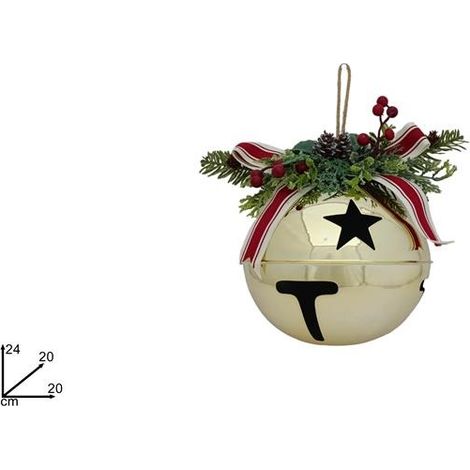 Decorazione Natalizia Campanaccio in Metallo con Fiocco e Vischio Oro 20 cm