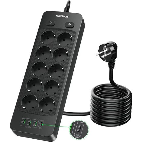 Multiprise 10 Prises avec USB C PD20W Ports,2M Câble (16A/3680W) Multiprise avec 4 USB Ports, Multiprise avec Interrupteur, Bloc Multiprise Parafoudre, Prise Multiple pour Maison Bureau,Noir (1/5)