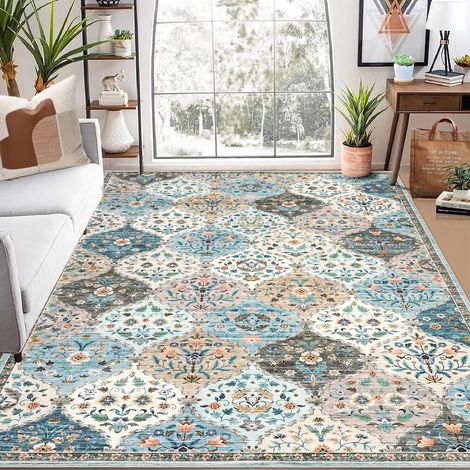 Tapis de salon 160 x 230 cm vintage fleurs à poils courts bleu (1/5)