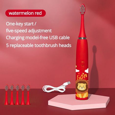Brosse à dents électrique pour enfants, rechargeable par USB, poils souples, 6 têtes - Rouge (1/5)