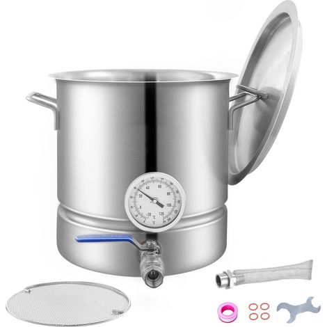 Bouilloire en acier inoxydable 18,9 L pour brassage, fond triplé, avec couvercle, poignée, thermomètre, robinet à bille, filtre et plateau. (1/5)
